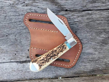 D2 steel Trapper knife with antler scales and steel bolsters image 0