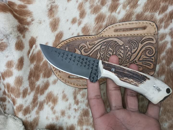Custom made Ferrier rasp knife with stag antler handle and geniune leather sheath image 0