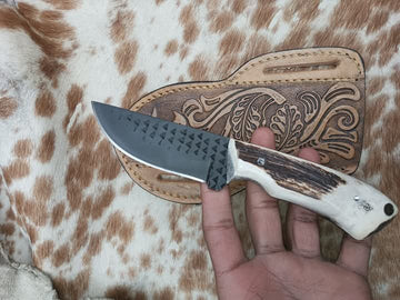 Custom made Ferrier rasp knife with stag antler handle and geniune leather sheath image 0