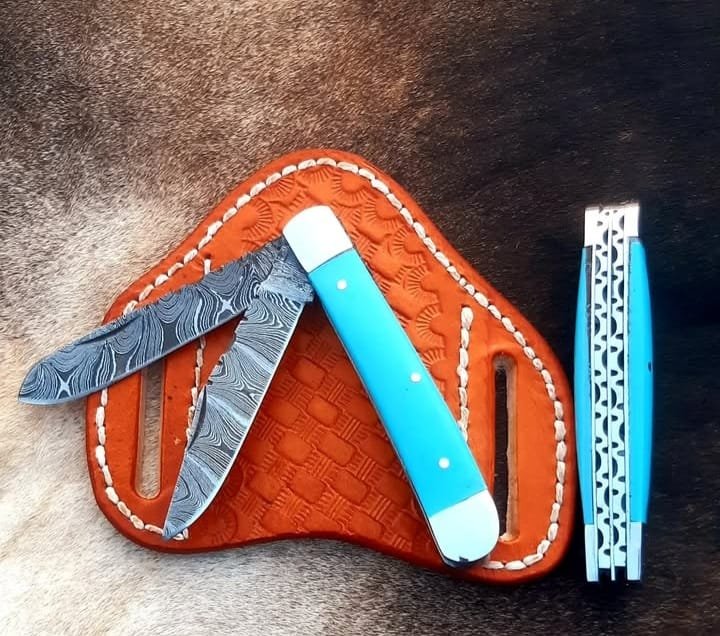 Damascus steel Double Blade Cowboy Folding Knife | Trapper knife with Holster image 0