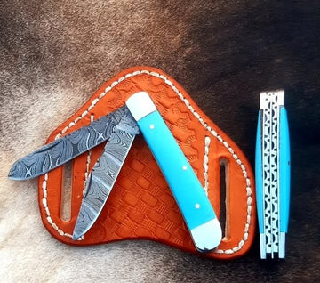 Damascus steel Double Blade Cowboy Folding Knife | Trapper knife with Holster image 0