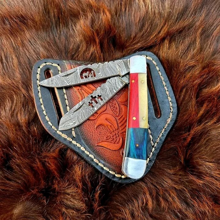 Damascus steel double blade trapper knife EDC folding pocket knife with Texas flag handle image 0