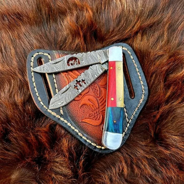 Damascus steel double blade trapper knife EDC folding pocket knife with Texas flag handle image 0