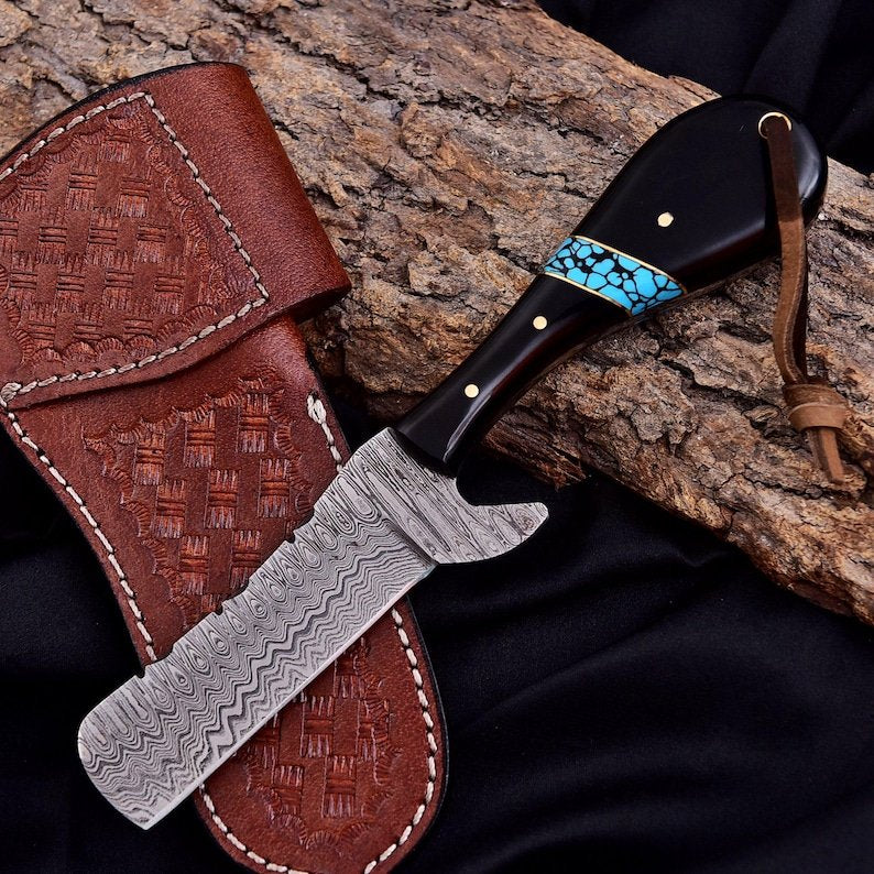 Damascus steel Bull cutter knife - Bull horn and Turquoise handle cross draw leather sheath image 0