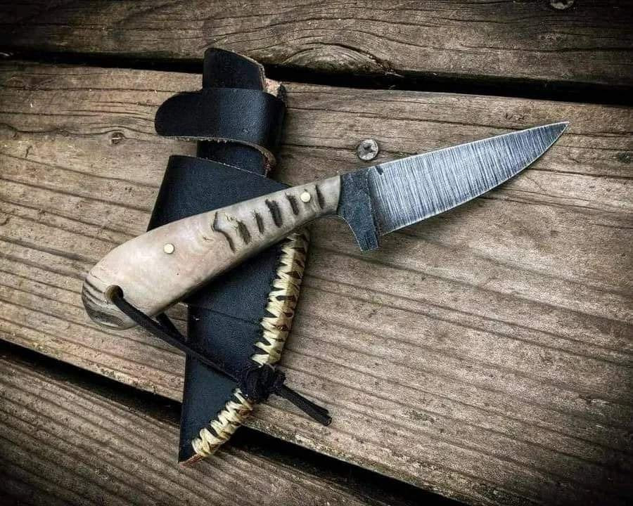 Handmade carbon steel Cowboy knife with sheep horn natural handle and leather sheath image 0
