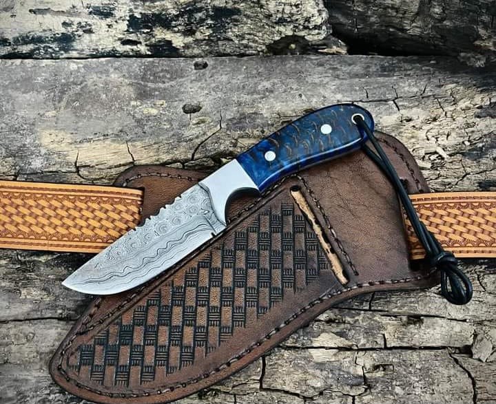 7" custom cowboy knife Damascus steel blade pine cone handle with pancake sheath image 0