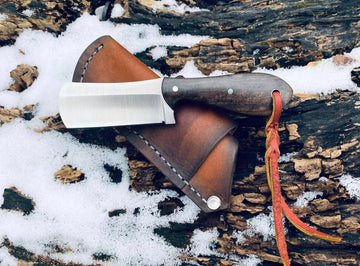 Carbon Steel Veteran Mini Bull Cutter Knife With Custom Horizontal Carry Sheath & Rose Wood Handle image 0