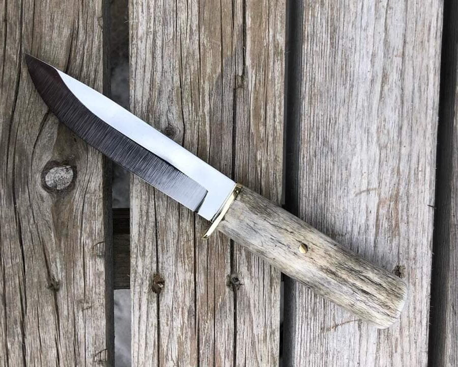 5160 carbon steel cowboy knife with whitetail antler handle and western style leather sheath image 0