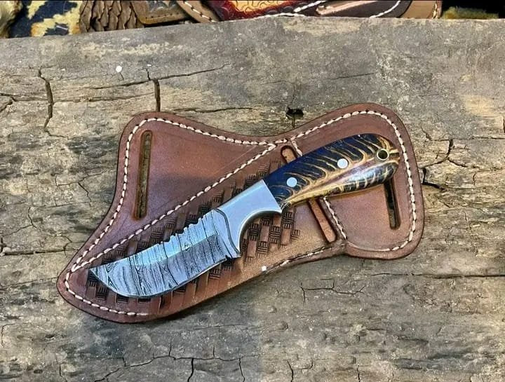 8" Damascus steel Western Cowboy knife for Hunting, Skinning, Camping, and outdoor activities with blue pine cone handle image 0