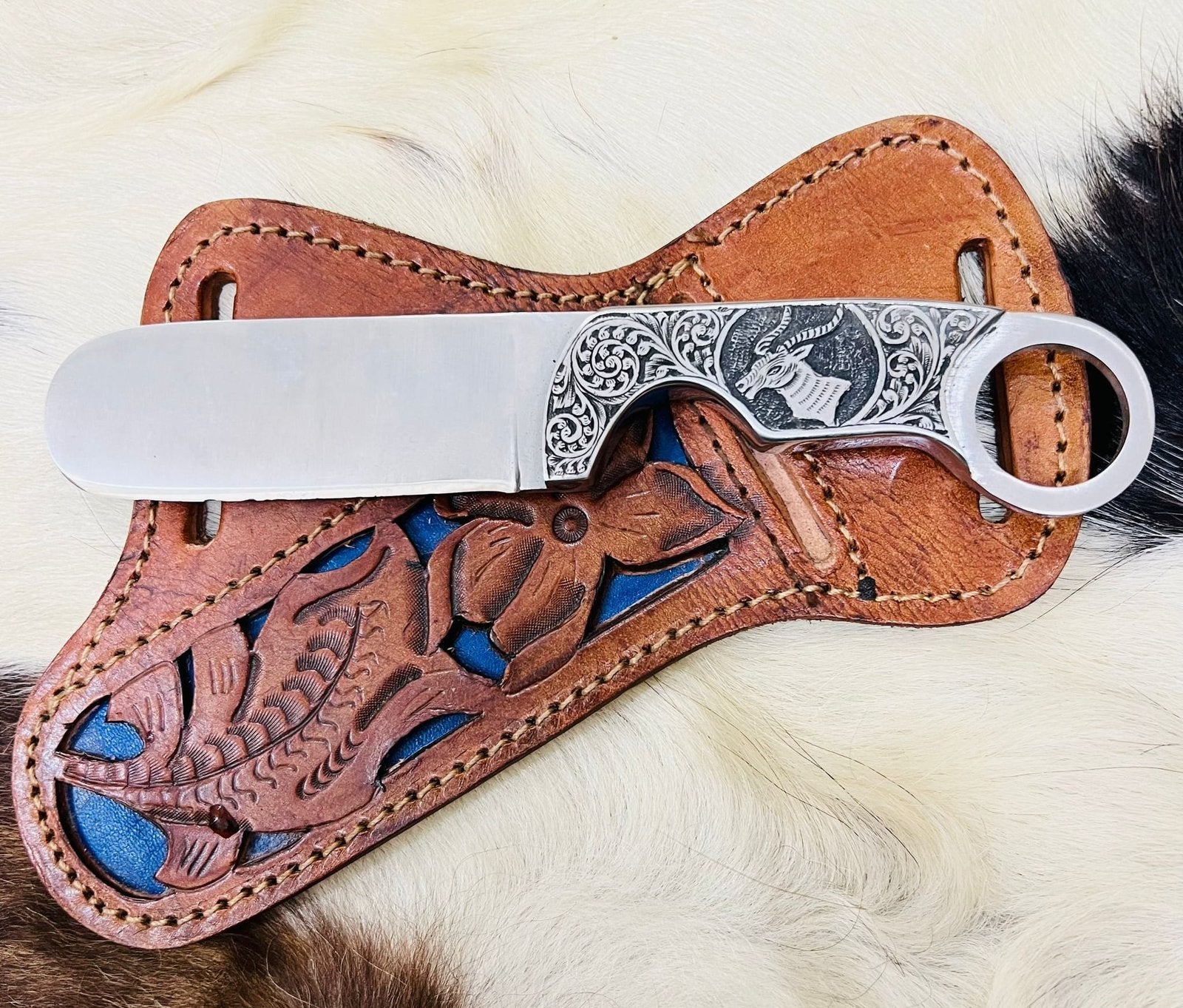 D2 tool steel bull cutter knife with fancy engraving Handmade leather sheath image 0