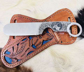 D2 tool steel bull cutter knife with fancy engraving Handmade leather sheath image 0