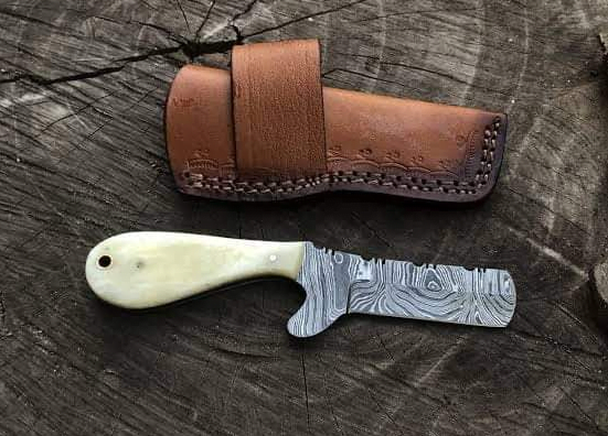 Damascus cowboy bull cutter knife with camel bone handle and horizontal sheath image 0