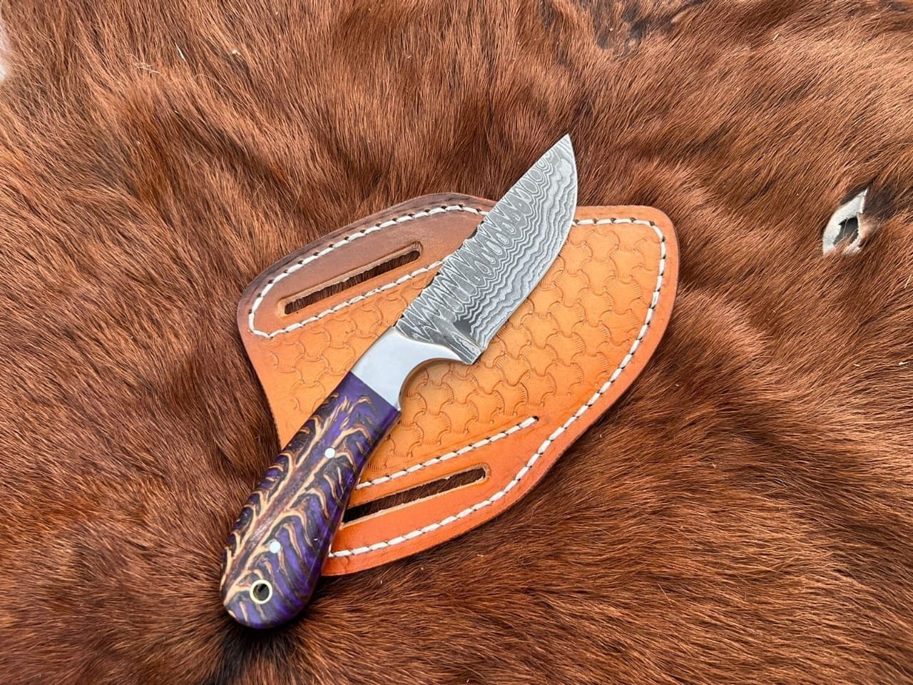 Damascus steel Cowboy skinner knife with cross draw sheath image 0