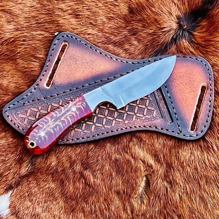 Best hunting knife for cowboys and ranchers - pinecone handle and pancake style belt carry leather sheath image 0