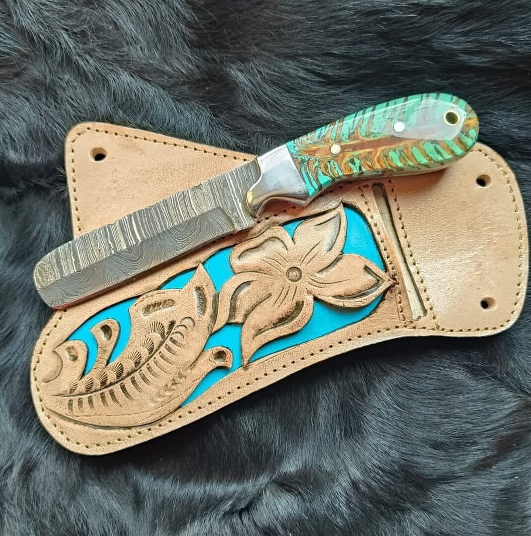 Fixed blade bull cutter knife with handmade leather sheath and pinecone handle image 0