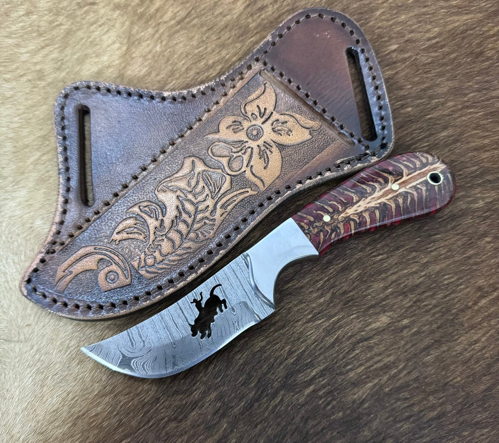 Handmade Cowboy knife with sheath Rodeo bull symbol in Damascus blade image 0