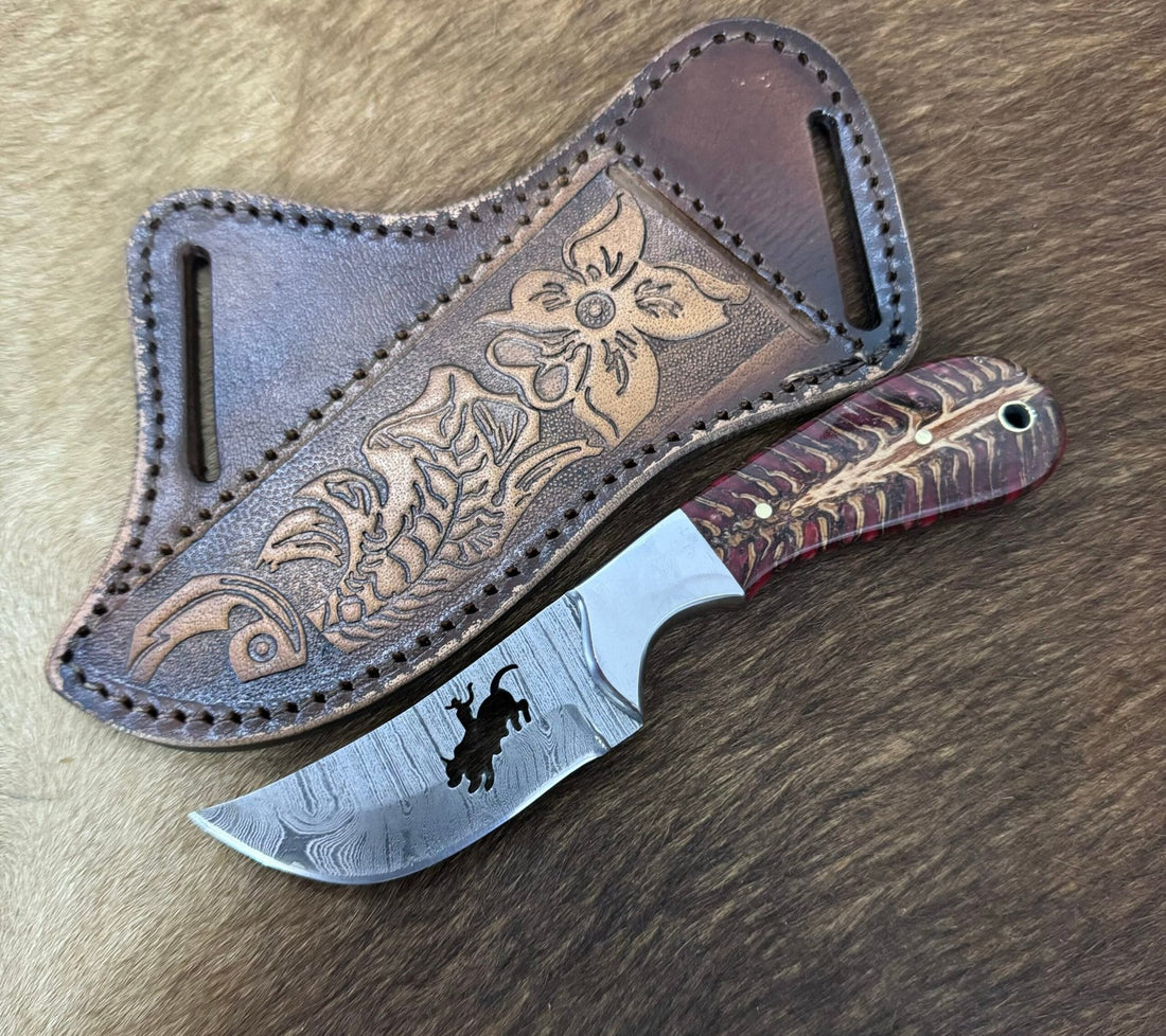 Handmade Cowboy knife with sheath Rodeo bull symbol in Damascus blade image 0