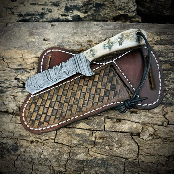 Custom Handmade Bull cutter knife Western Cowboy Damascus Steel Ram Horn Teardrop Bull Cutter Knife 7" Razor Sharp Blade with Leather Sheath image 0