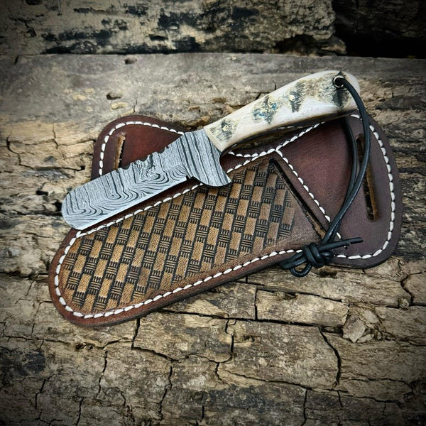Custom Handmade Bull cutter knife Western Cowboy Damascus Steel Ram Horn Teardrop Bull Cutter Knife 7" Razor Sharp Blade with Leather Sheath image 0