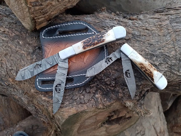 Best Trapper folding knife pair - Damascus steel blade and stag antler handle with cross draw leather sheath image 0
