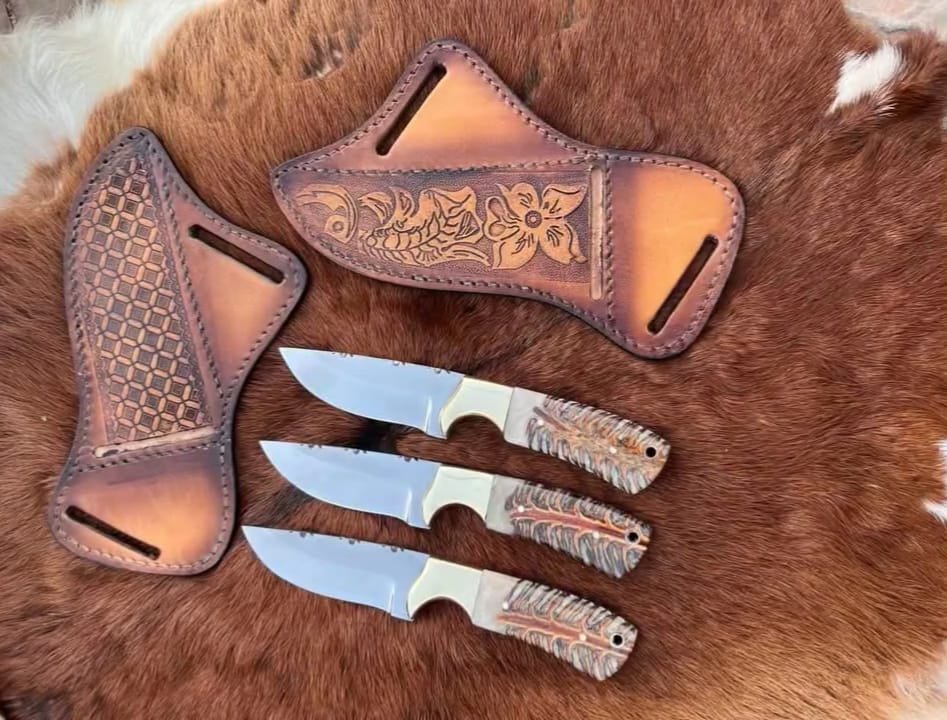 D2 steel 3 piece hunting knife set for cowboys - buy 2 and get 1 free offer | white pinecone handles image 0