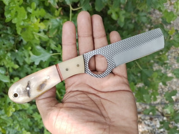Carbon steel file rasp bull cutter knife with camel bone /ram hornhandle image 0