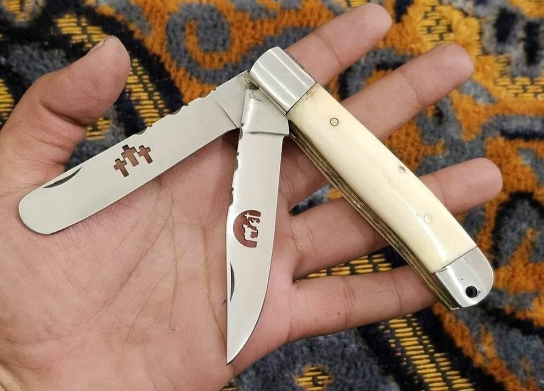 High carbon D2 multiblade folding trapper knife pocket knife with natural bone handle and leather sheath image 0