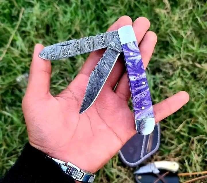 Damascus steel handmade Trapper knife double blade folding knife EDC with sheath image 0