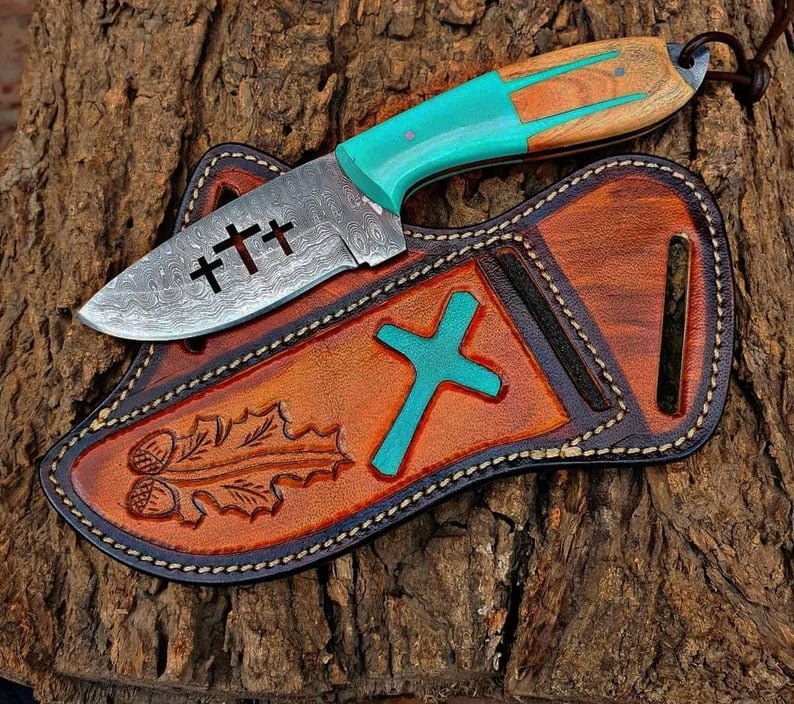Handmade Cowboy Damascus Knife With Pancake Leather Sheath image 0