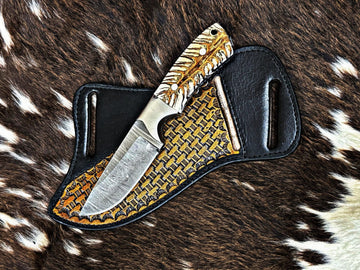 Damascus Steel Fixed Blade Cowboy knife with Sheath & white pine cone handle image 0