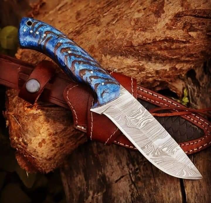 Damascus Fixed Blade Cowboy Knife With Sheath & Pine Cone Handle image 0