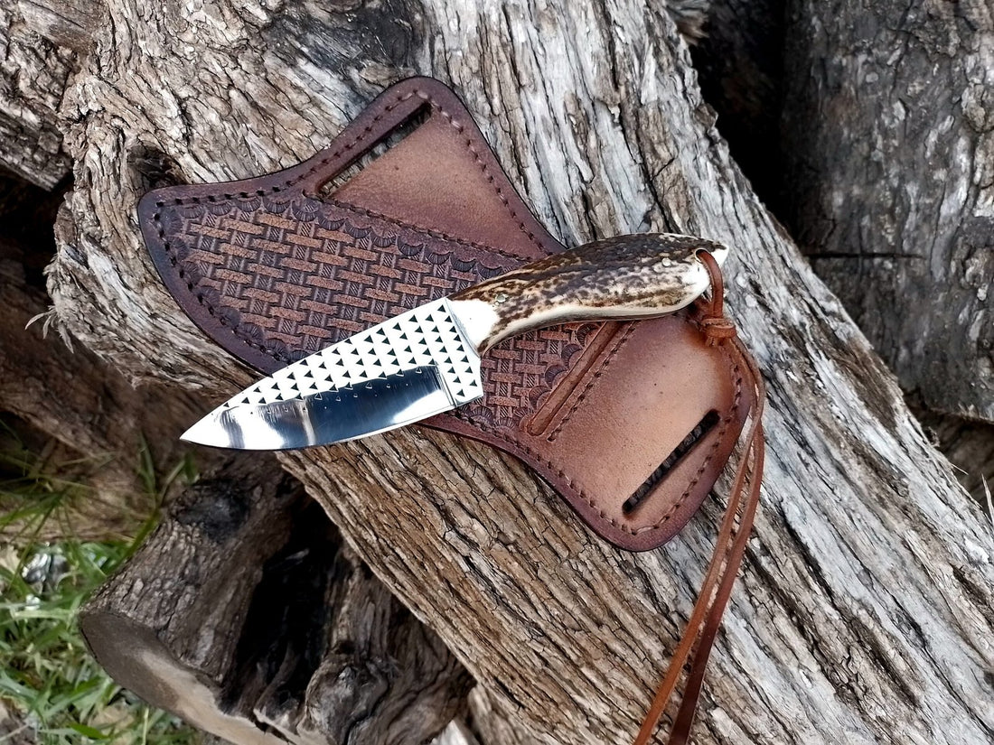 Custom handmade Rasp knife with stag antler handle and pancake leather sheath image 0