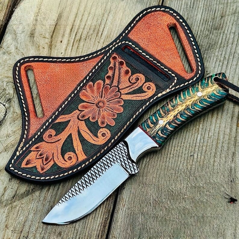 Rasp steel western cowboy knife with hand engraved horizontal leather sheath