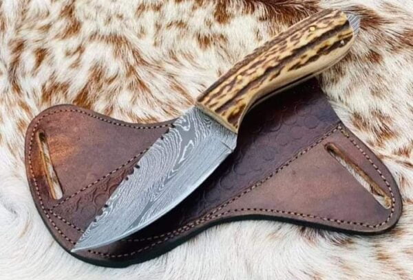 Damascus Cowboy Knife And Sheath With Stag Antler Handle