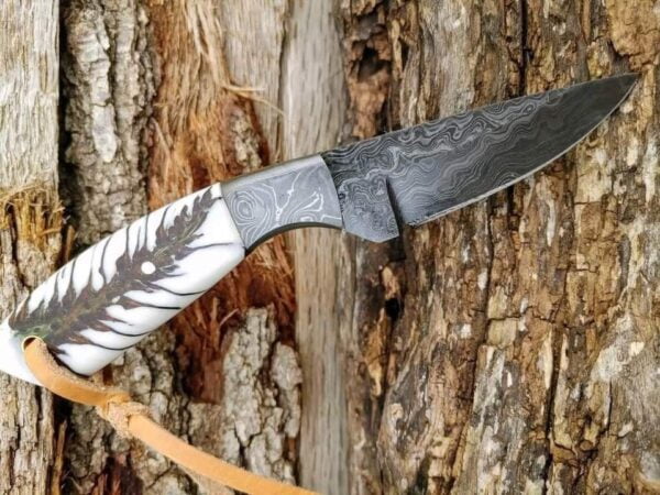 Damascus Steel Cowboy Knife with a unique Pine Cone Handle