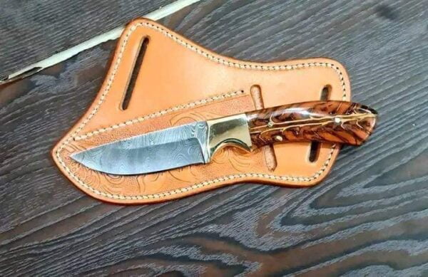 Texas cowboy knife With Orange Pine Cone Handle And Sheath - Damascus cowboy knife