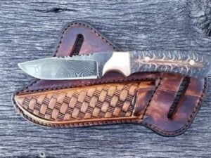 Damascus Cowboy Knife With Leather Sheath, With Pine Cone Handle