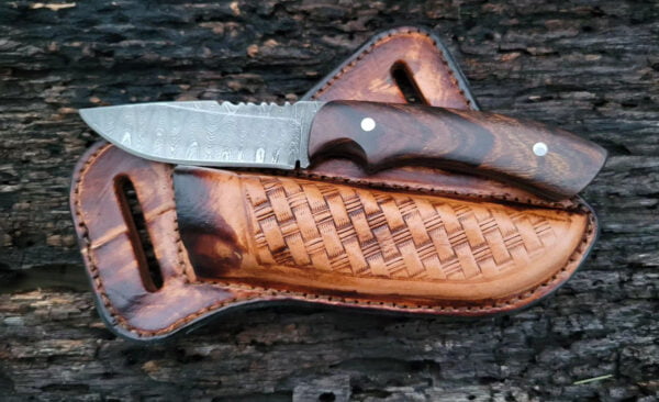 Hand-forged Damascus steel cowboy knife and sheath set
