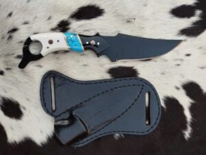 5160 black coated cowboy knife horizontal leather sheath