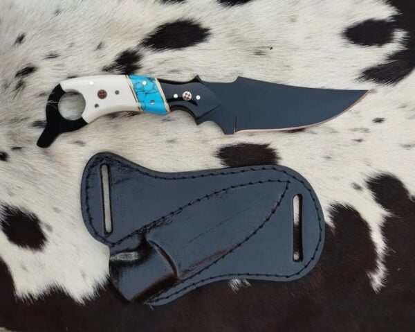 5160 black coated cowboy knife horizontal leather sheath