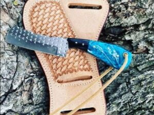 Handmade Rasp Bull Cutter Knife, full tang, bull horn bolsters, resin handle, leather sheath