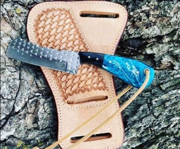 Handmade Rasp Bull Cutter Knife, full tang, bull horn bolsters, resin handle, leather sheath