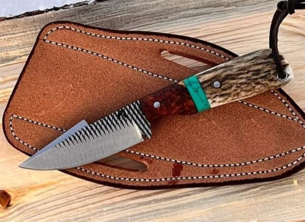 Cowboy Knife with stag antler handle, full tang rasp steel blade and leather sheath