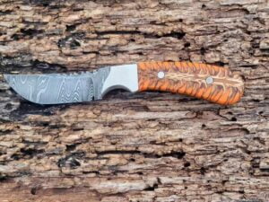 Damascus Cowboy Knife - Hand-forged Hunting, Skinning and Ranch Knife with pine cone handle & leather sheath.