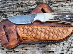 Traditional Damascus Cowboy Knife With Pancake Sheath & Antler Handle