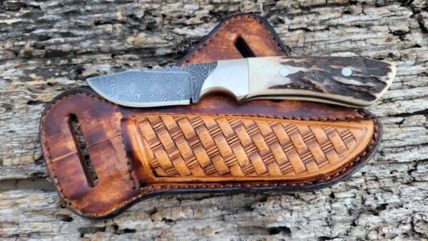 Traditional Damascus Cowboy Knife With Pancake Sheath & Antler Handle