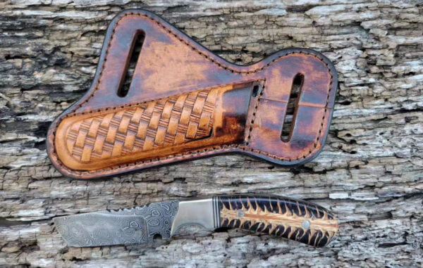 Handmade Damascus Steel Fixed Blade Cross Draw Cowboy Knife with Rain Drop Pattern, Pine Cone Handle, and Pancake Leather Sheath