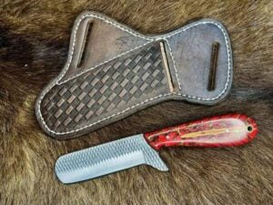 Cowboy Rasp Bull Cutter Knife - Handmade Custom Western Knife: Hand-forged hoof rasp steel blade, full tang, pine cone handle, cowhide leather sheath. Best for ranchers and cowboys.