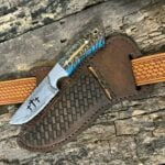 Damascus steel handmade cowboy knife with sheath blue pine cone handle.