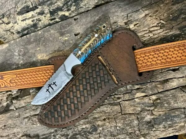 Damascus steel handmade cowboy knife with sheath blue pine cone handle.